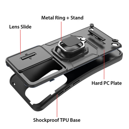 Mobizang Armor Slider Back Cover for Oppo Reno 12 Pro (5G) | Inbuilt Ring + Camera Slider Shockproof Lens Protection Bumper Back Case (Black)