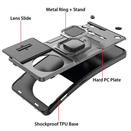Mobizang Armor Slider Back Cover for OnePlus 11R | Inbuilt Ring + Camera Slider Shockproof Lens Protection Bumper Back Case (Grey)