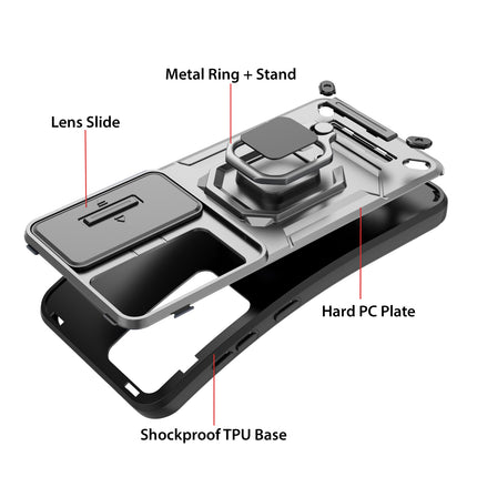 Mobizang Armor Slider Back Cover for Samsung Galaxy S25 | Inbuilt Ring + Camera Slider Shockproof Lens Protection Bumper Back Case (Grey)