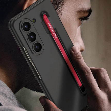 Mobizang Contrast Ulta Thin PC Case for Samsung Galaxy Z Fold 6 | Inbuilt S-Pen Holder Stand Hybrid Back Cover (Black with Red Pen)