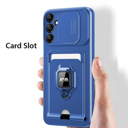 Kapa Bisen Back Cover for Samsung Galaxy A35 (5G) | Inbuilt Camera Slider Ring Stand and Card Pocket Shockproof Slim Bumper Back Case (Blue)