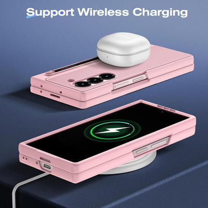 Mobizang Textured Grip S Pen Holder Hinge Protection Back Cover for Samsung Galaxy Z Fold6 / Fold 6 | with Inbuilt Glass , Kickstand & S Pen Slot Case (Pink)