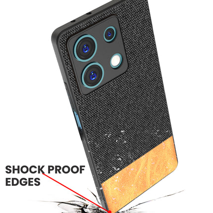 Mobizang Soft Fabric & Leather Hybrid Protective Back Cover for Redmi Note 13 (5G) | Shockproof Slim Hard Anti Slip Back Case (Black,Brown)