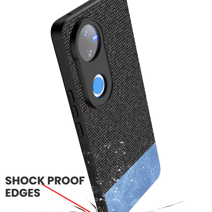 Mobizang Soft Fabric & Leather Hybrid Protective Back Cover for Vivo V50 5G | Shockproof Slim Hard Anti Slip Back Case (Black,Blue)