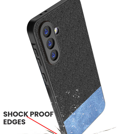 Mobizang Soft Fabric & Leather Hybrid Protective Back Cover for Samsung Galaxy A56 | Shockproof Slim Hard Anti Slip Back Case (Black,Blue)