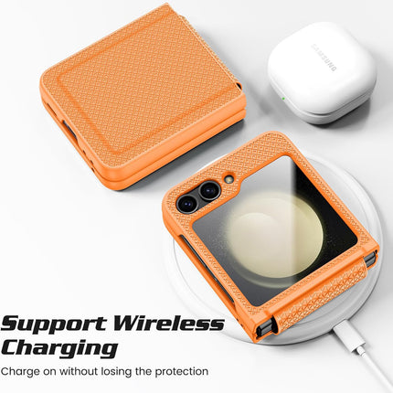 Mobizang Textured Grip Hinge Protection Back Cover for Samsung Galaxy Z Flip5 / Z Flip 5 | with [Inbuilt Glass] Full Body Shockproof Hard Back Case (Orange)