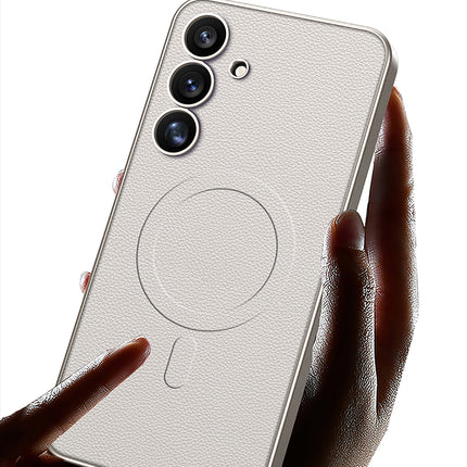 Mobizang Ultra Thin Leather & Magsafe Back Case for Samsung Galaxy S25 Plus | with Wireless Charging Support Ring Full Body Protection Back Cover (Titanium)