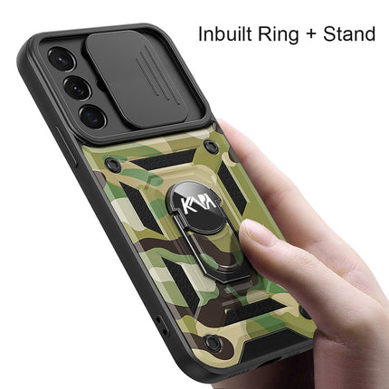 Mobizang Tank Back Cover for Samsung Galaxy S25 Ultra | Inbuilt Ring + Slider Shockproof Lens Protection Bumper Back Case (Green)