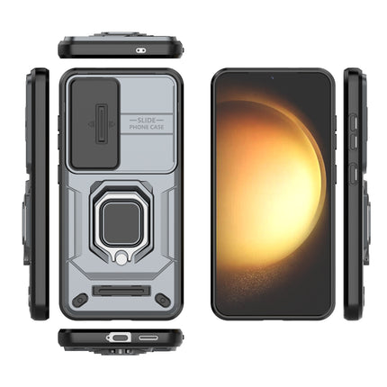 Mobizang Armor Slider Back Cover for Samsung Galaxy S25 | Inbuilt Ring + Camera Slider Shockproof Lens Protection Bumper Back Case (Grey)