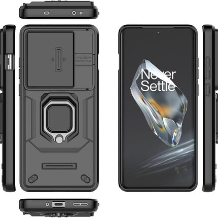 Mobizang Armor Slider Back Cover for OnePlus 12R | Inbuilt Ring + Camera Slider Shockproof Lens Protection Bumper Back Case (Black)