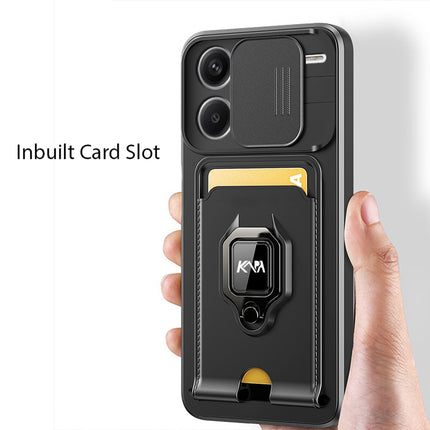 Kapa Bisen Back Cover for Redmi Note 13 Pro Plus (5G) | Inbuilt Camera Slider Ring Stand and Card Pocket Shockproof Slim Bumper Back Case (Black)