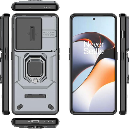 Mobizang Armor Slider Back Cover for OnePlus 11R | Inbuilt Ring + Camera Slider Shockproof Lens Protection Bumper Back Case (Grey)
