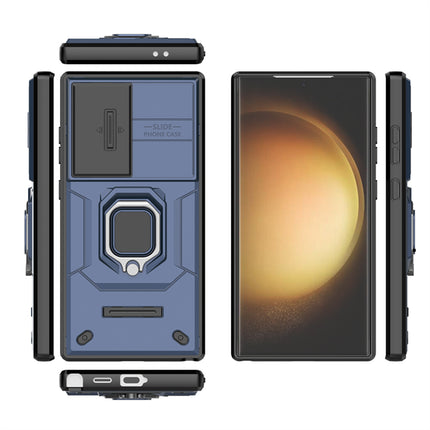 Mobizang Armor Slider Back Cover for Samsung Galaxy S24 Ultra | Inbuilt Ring + Camera Slider Shockproof Lens Protection Bumper Back Case (Blue)