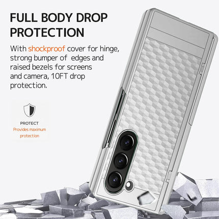 Mobizang Geometric S Pen Holder Hinge Protection Back Cover for Samsung Galaxy Z Fold6 / Fold 6 | Slim Shock proof Case with Inbuilt Glass & S Pen Slot (Silver)