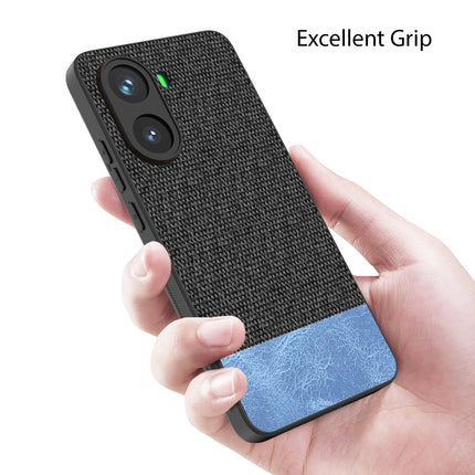 Mobizang Soft Fabric & Leather Hybrid Protective Back Cover for Poco X7 Pro | Shockproof Slim Hard Anti Slip Back Case (Black,Blue)