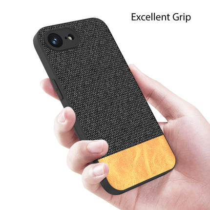Mobizang Soft Fabric & Leather Hybrid Protective Back Cover for Apple iPhone 16E | Shockproof Slim Hard Anti Slip Back Case (Black,Brown)