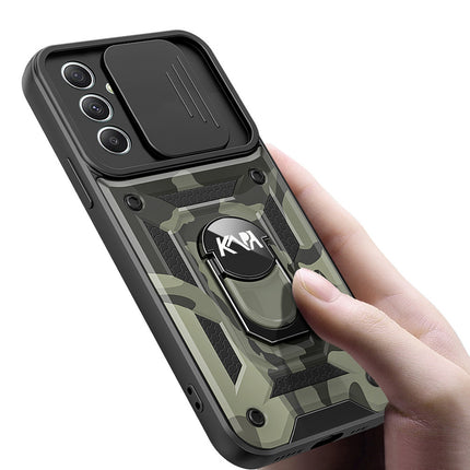 Mobizang Tank Back Cover for Samsung Galaxy M55 / F55 | Inbuilt Ring + Slider Shockproof Lens Protection Bumper Back Case (Black)