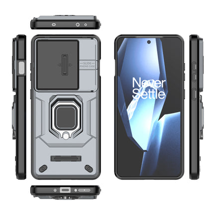 Mobizang Armor Slider Back Cover for OnePlus 13R | Inbuilt Ring + Camera Slider Shockproof Lens Protection Bumper Back Case (Grey)