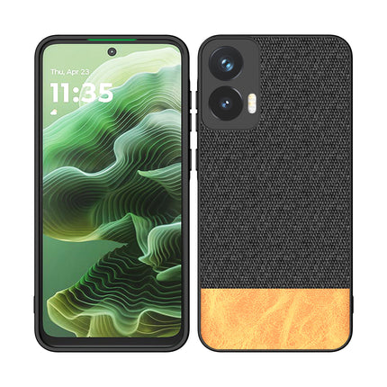 Mobizang Soft Fabric & Leather Hybrid Protective Back Cover for Moto G35 | Shockproof Slim Hard Anti Slip Back Case (Black,Brown)