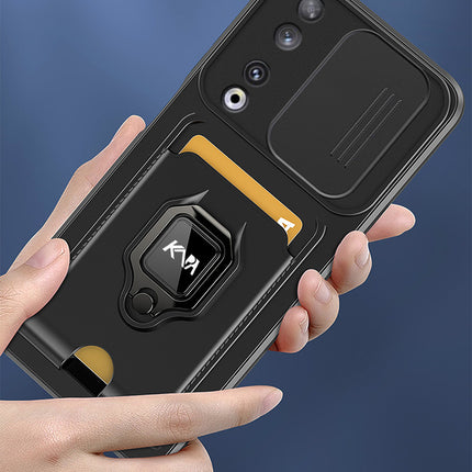 Kapa Bisen Back Cover for Honor 90 (5G) | Inbuilt Camera Slider Ring Stand and Card Pocket Shockproof Slim Bumper Back Case (Black)