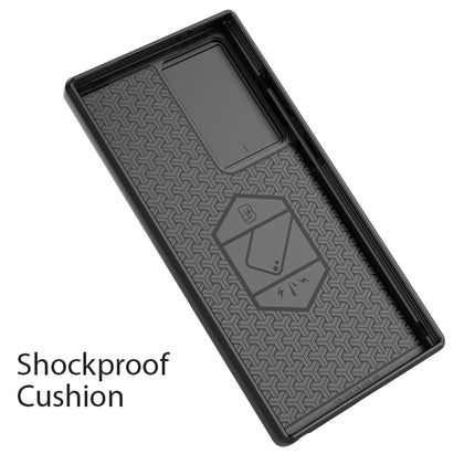 Mobizang Armor Slider Back Cover for Samsung Galaxy S24 Ultra | Inbuilt Ring + Camera Slider Shockproof Lens Protection Bumper Back Case (Black)