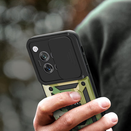 Mobizang Tank Back Cover for OnePlus 12R | Inbuilt Ring + Slider Shockproof Lens Protection Bumper Back Case (Green)