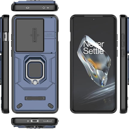 Mobizang Armor Slider Back Cover for OnePlus 12R | Inbuilt Ring + Camera Slider Shockproof Lens Protection Bumper Back Case (Blue)