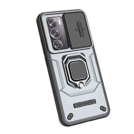 Mobizang Armor Slider Back Cover for Oppo Reno 12 Pro (5G) | Inbuilt Ring + Camera Slider Shockproof Lens Protection Bumper Back Case (Grey)