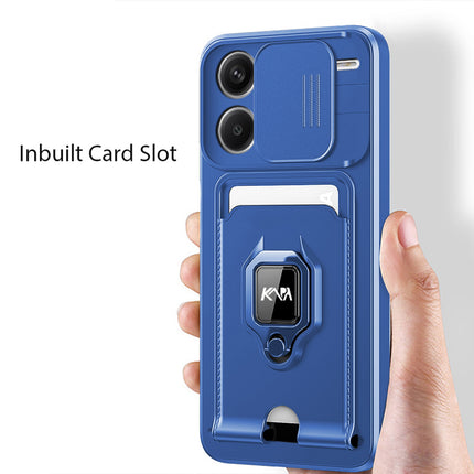 Kapa Bisen Back Cover for Redmi Note 13 Pro Plus (5G) | Inbuilt Camera Slider Ring Stand and Card Pocket Shockproof Slim Bumper Back Case (Blue)