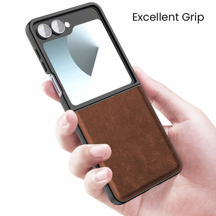 Mobizang Tux Leather Back Cover for Samsung Galaxy Z Flip 7 | Slim Shockproof Camera Protection Bumper Case (Brown)