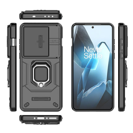 Mobizang Armor Slider Back Cover for OnePlus 13 | Inbuilt Ring + Camera Slider Shockproof Lens Protection Bumper Back Case (Black)