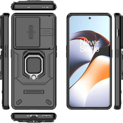 Mobizang Armor Slider Back Cover for OnePlus 11R | Inbuilt Ring + Camera Slider Shockproof Lens Protection Bumper Back Case (Black)