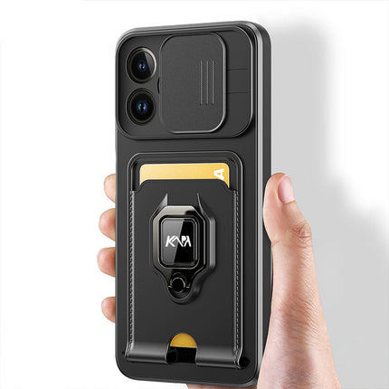 Mobizang Bisen Back Cover for Apple iPhone 16 Pro Max | Inbuilt Camera Slider Ring Stand and Card Pocket Shockproof Slim Bumper Back Case (Black)