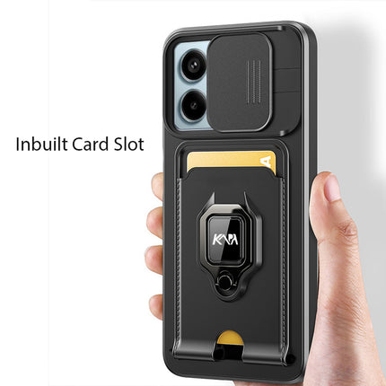 Kapa Bisen Back Cover for Redmi Note 13 Pro (5G) | Inbuilt Camera Slider Ring Stand and Card Pocket Shockproof Slim Bumper Back Case (Black)
