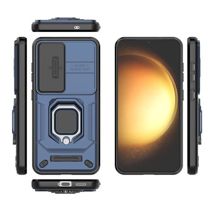 Mobizang Armor Slider Back Cover for Samsung Galaxy S25 | Inbuilt Ring + Camera Slider Shockproof Lens Protection Bumper Back Case (Blue)
