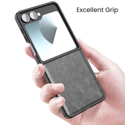 Mobizang Tux Leather Back Cover for Samsung Galaxy Z Flip 7 | Slim Shockproof Camera Protection Bumper Case (Grey)