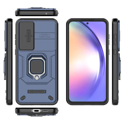 Mobizang Armor Slider Back Cover for Samsung Galaxy A55 (5G) | Inbuilt Ring + Camera Slider Shockproof Lens Protection Bumper Back Case (Blue)