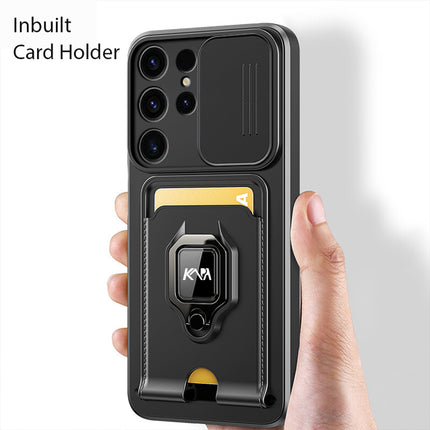 Mobizang Bisen Back Cover for Samsung Galaxy S25 Ultra | Inbuilt Camera Slider Ring Stand and Card Pocket Shockproof Slim Bumper Back Case (Black)
