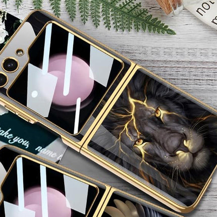 Mobizang 9H Glass Back Case for Samsung Galaxy Z Flip6 / Z Flip 6,Ultra Thin Full Body Protection Folding Hard Back Cover, Design Lion