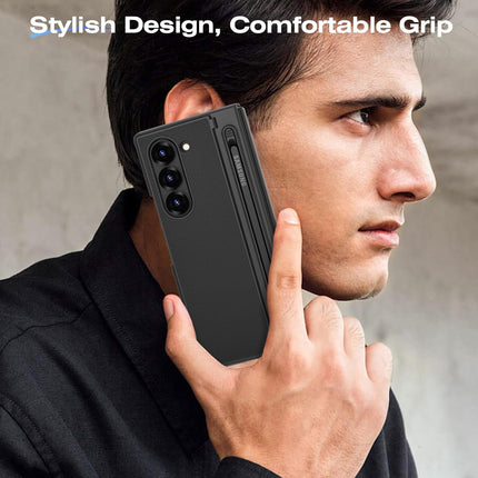 Mobizang Textured Grip S Pen Holder Hinge Protection Back Cover for Samsung Galaxy Z Fold6 / Fold 6 | with Inbuilt Glass , Kickstand & S Pen Slot Case (Black)