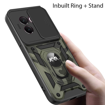 Mobizang Tank Back Cover for Vivo V30E (5G) | Inbuilt Ring + Slider Shockproof Lens Protection Bumper Back Case (Black)