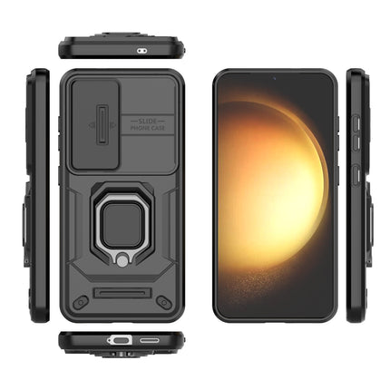 Mobizang Armor Slider Back Cover for Samsung Galaxy S25 | Inbuilt Ring + Camera Slider Shockproof Lens Protection Bumper Back Case (Black)