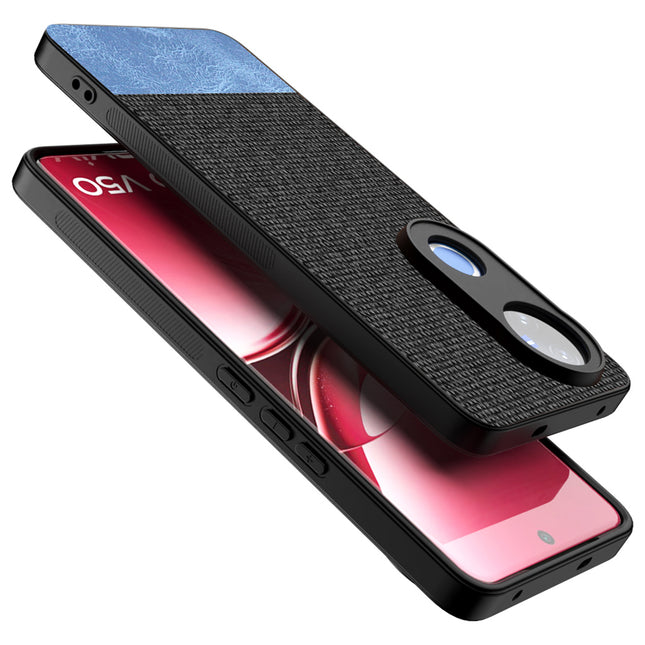 Mobizang Soft Fabric & Leather Hybrid Protective Back Cover for Vivo V50 5G | Shockproof Slim Hard Anti Slip Back Case (Black,Blue)