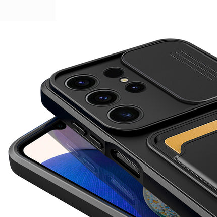 Mobizang Bisen Back Cover for Samsung Galaxy S25 Ultra | Inbuilt Camera Slider Ring Stand and Card Pocket Shockproof Slim Bumper Back Case (Black)