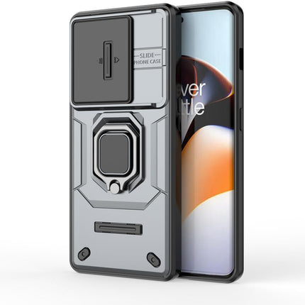 Mobizang Armor Slider Back Cover for OnePlus 11R | Inbuilt Ring + Camera Slider Shockproof Lens Protection Bumper Back Case (Grey)
