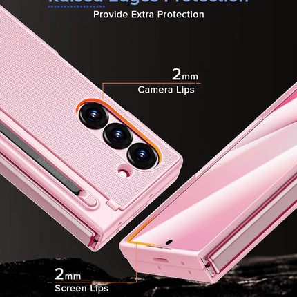 Mobizang Textured Grip S Pen Holder Hinge Protection Back Cover for Samsung Galaxy Z Fold6 / Fold 6 | with Inbuilt Glass , Kickstand & S Pen Slot Case (Pink)