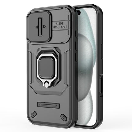 Mobizang Armor Slider Back Cover for Apple iPhone 16 Pro | Inbuilt Ring + Camera Slider Shockproof Lens Protection Bumper Back Case (Black)