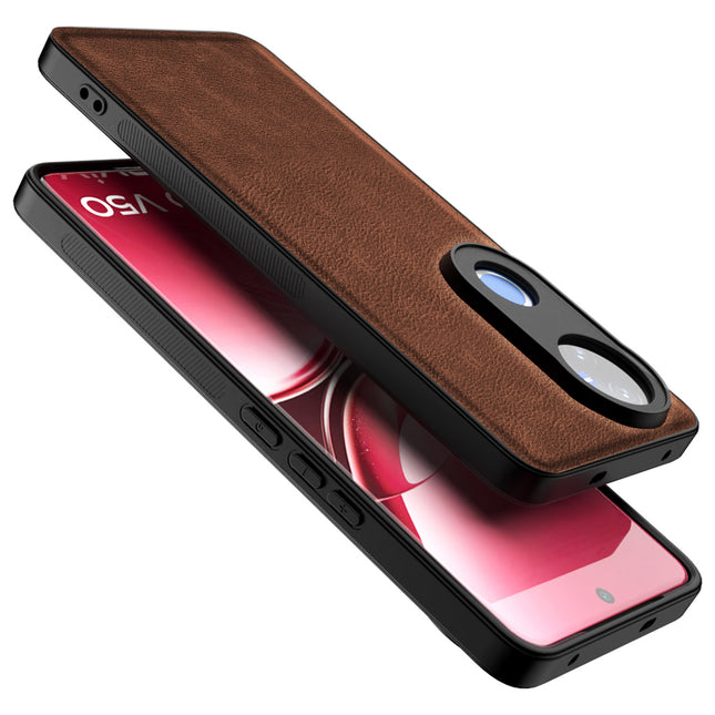 Mobizang Tux Leather Back Cover for Vivo V50 5G | Slim Shockproof Camera Protection Bumper Case (Brown)
