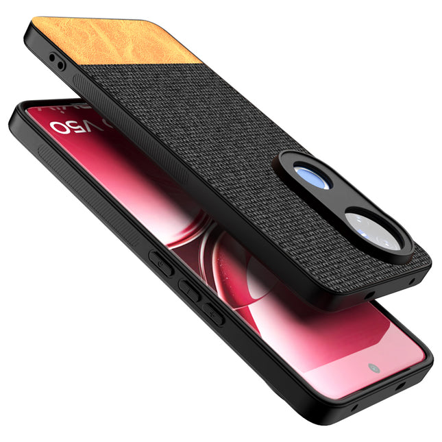Mobizang Soft Fabric & Leather Hybrid Protective Back Cover for Vivo V50 5G | Shockproof Slim Hard Anti Slip Back Case (Black,Brown)