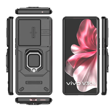 Mobizang Armor Slider Back Cover for Vivo V30E (5G) | Inbuilt Ring + Camera Slider Shockproof Lens Protection Bumper Back Case (Black)